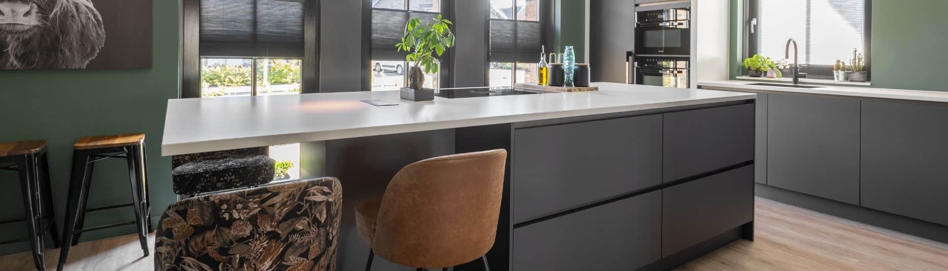 Moderne keuken met strakke meubels, natuurlijke invloeden en moderne keukenapparatuur.