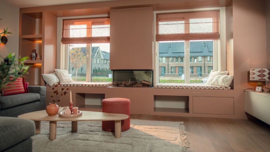 Warmroze leefkeuken met een vleugje Japandi